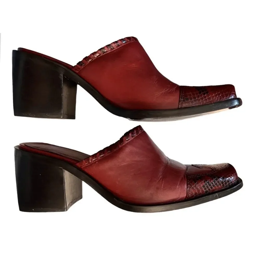 Western Boot Mules Red Burgundy Slip-On Block Heel Cowboy by Connie 6.5